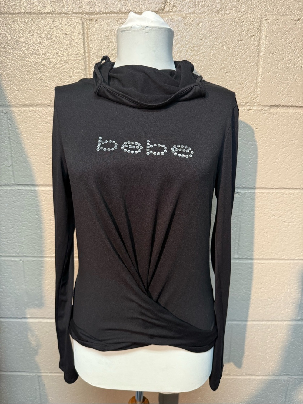 bebe Black Long-Sleeve Rhinestone Logo Cowl Top